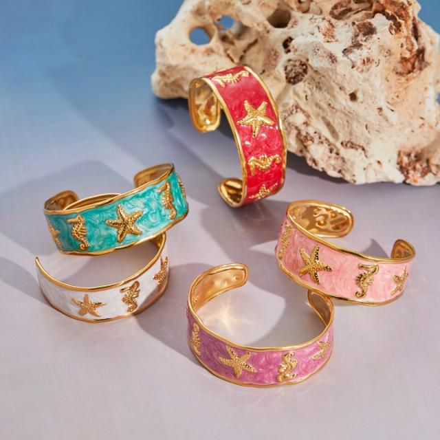 Summer colorful enamel starfish seahorse beach stainless steel bangle bracelet