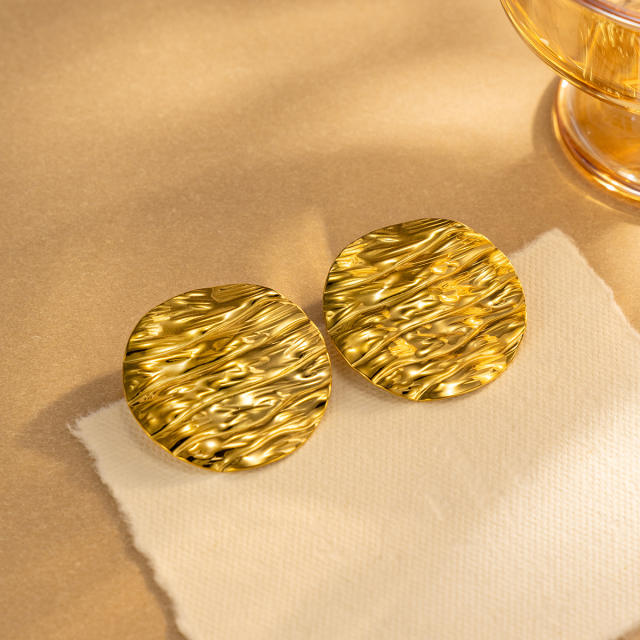 18KG geometric pattern round piece stainless steel earrings