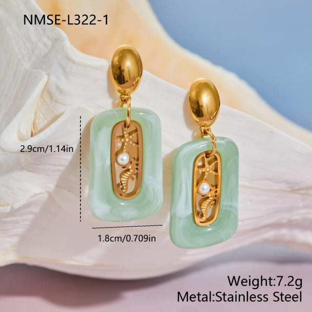 Holiday colorful resin hollow out pearl starfish seahorse stainless steel earrings