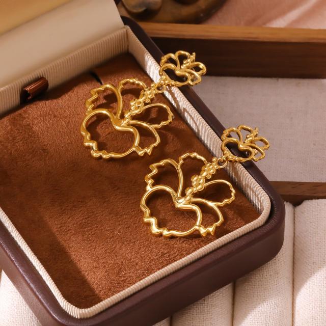 Hot sale vintage hollow out geometric line flower stainless steel earrings