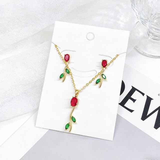 Hot sale colorful diamond tulip flower copper necklace set