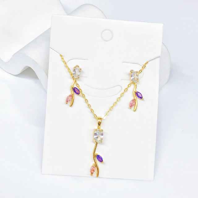 Hot sale colorful diamond tulip flower copper necklace set