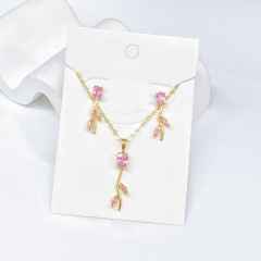 Hot sale colorful diamond tulip flower copper necklace set