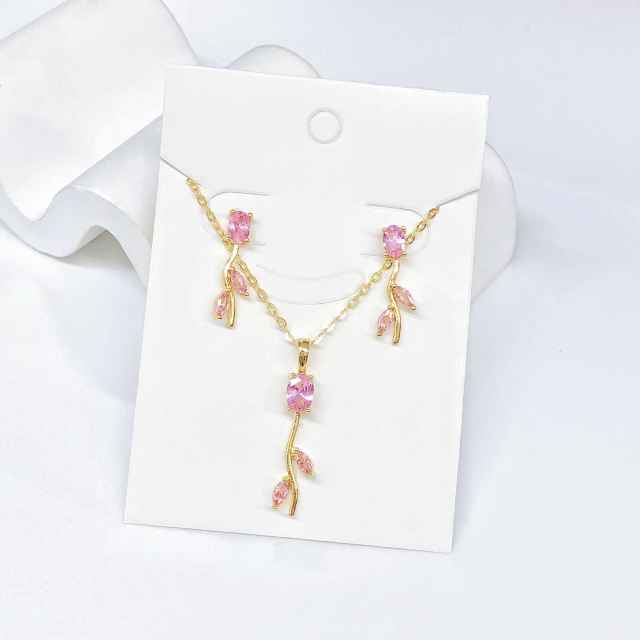 Hot sale colorful diamond tulip flower copper necklace set