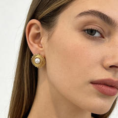 Vintage leaf shape pearl stainless steel earrings