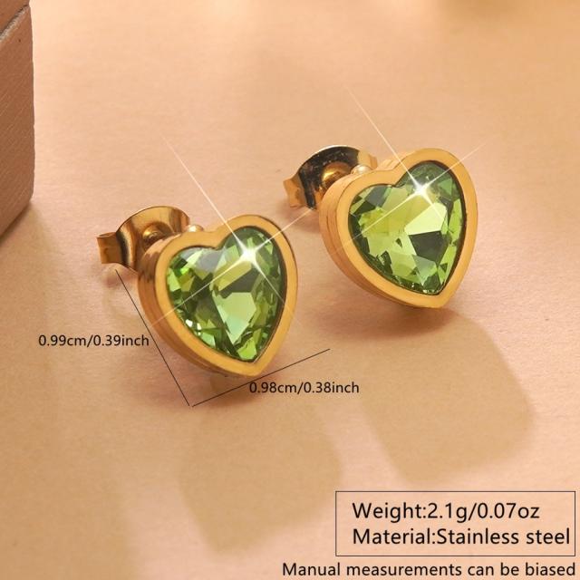 Colorful cubic zircon heart stainless steel earrings studs