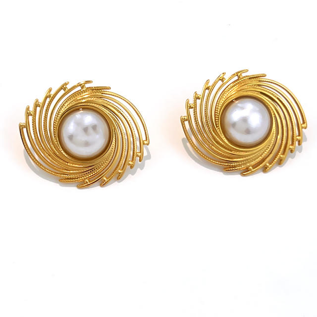 Vintage leaf shape pearl stainless steel earrings