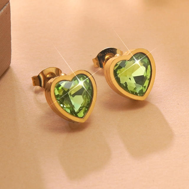 Colorful cubic zircon heart stainless steel earrings studs