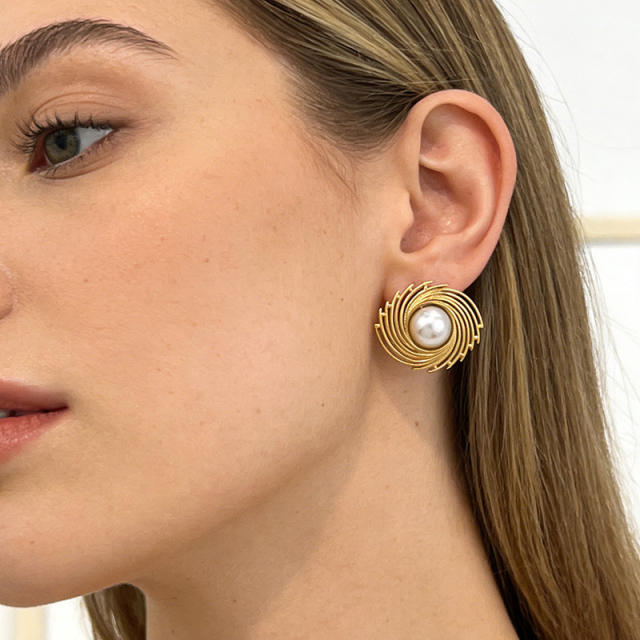 Vintage leaf shape pearl stainless steel earrings