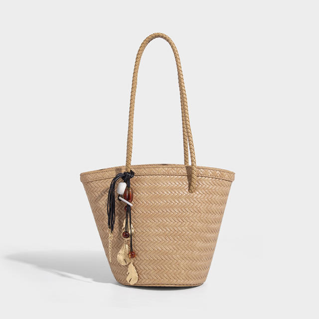 Unique Woven Bag New Summer Trendy French Retro Bucket Tote Shoulder Bag