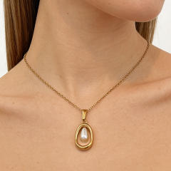 18KG waterdrop pearl hollow out pendant stainless steel necklace