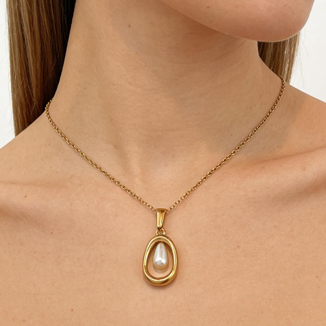 18KG waterdrop pearl hollow out pendant stainless steel necklace