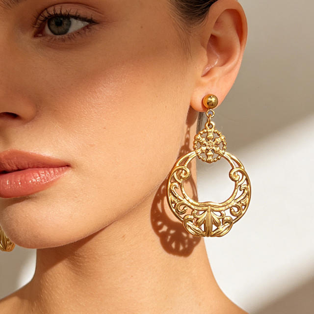 18KG Hollow out circle stainless steel earrings