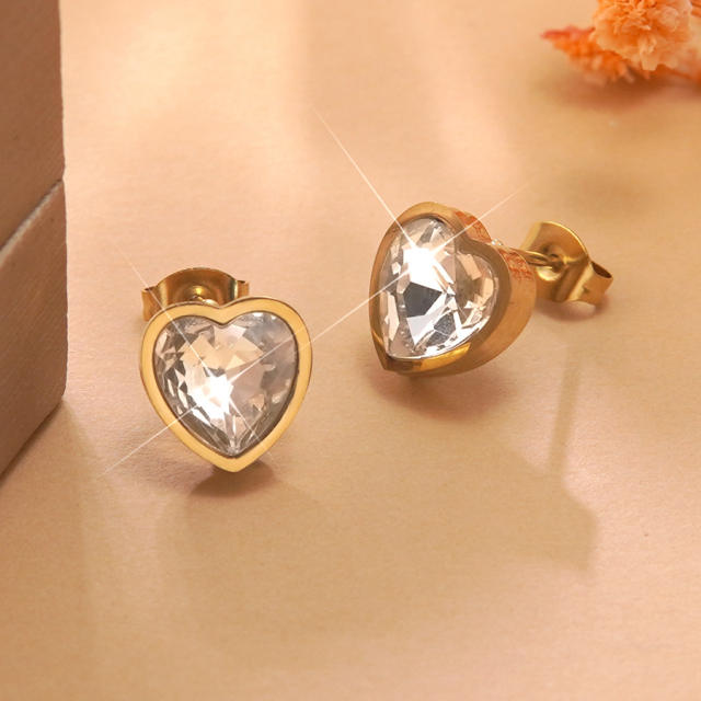 Colorful cubic zircon heart stainless steel earrings studs