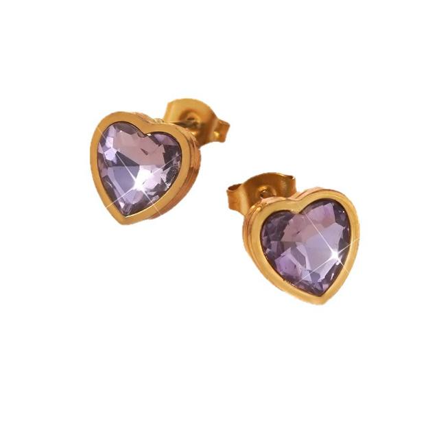 Colorful cubic zircon heart stainless steel earrings studs