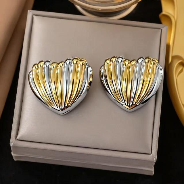 Classic stripe pattern heart mix color stainless steel earrings