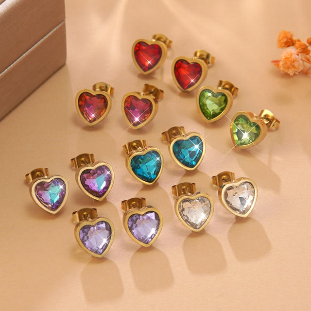 Colorful cubic zircon heart stainless steel earrings studs