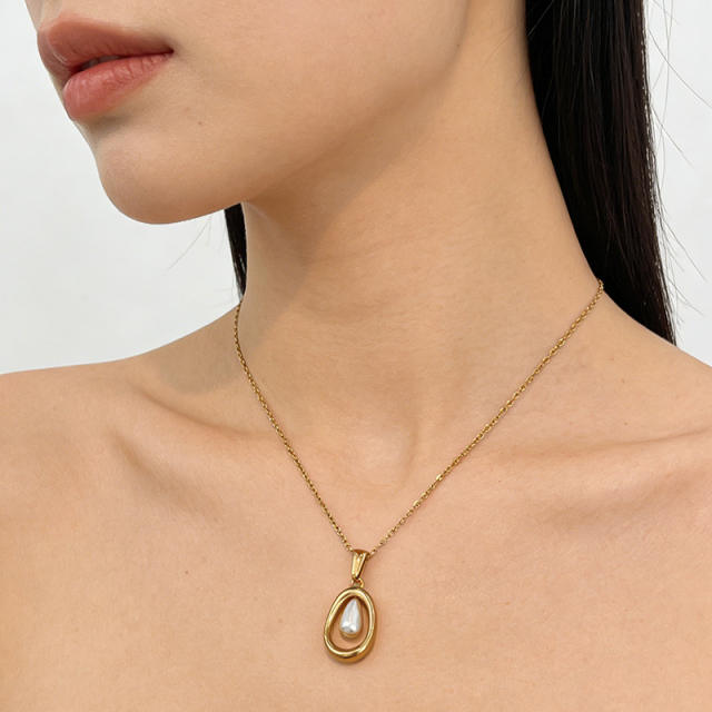 18KG waterdrop pearl hollow out pendant stainless steel necklace