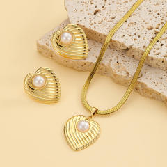 Boho pearl inlaid stainless steel necklace earrings set