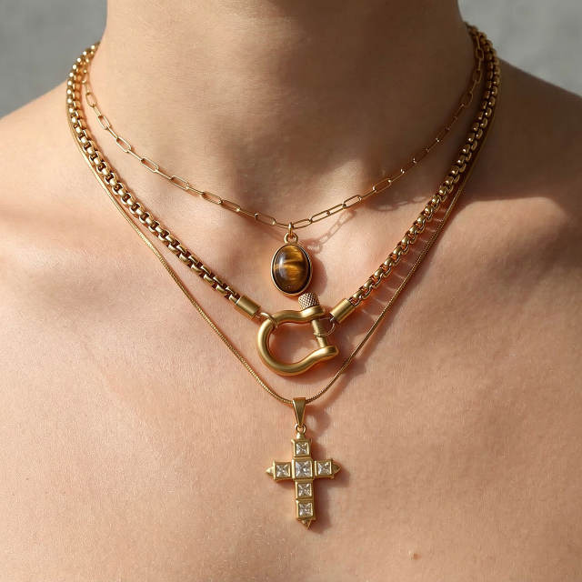 Punk trend diamond cross pendant stainless steel necklace stackable necklace