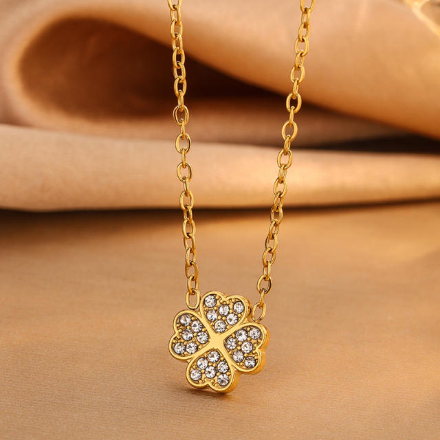 Popular Diamond-Encrusted Four-Leaf Clover Bracelet Necklace stainless steel necklace set