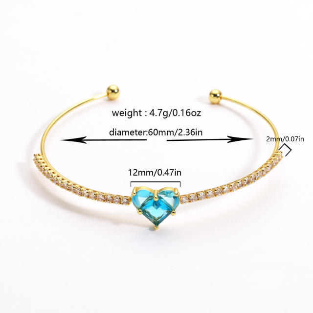 Colorful cubic zircon heart full diamond women copper bangle bracelet