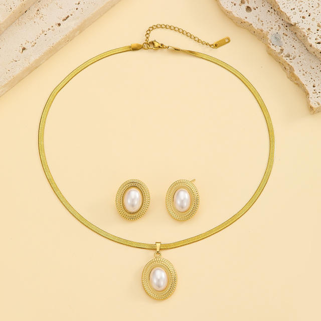 Boho pearl inlaid stainless steel necklace earrings set