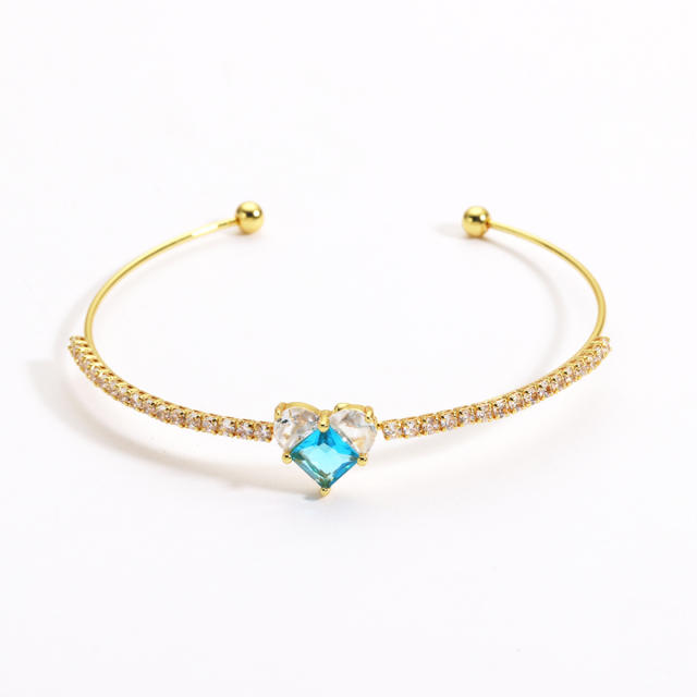 Colorful cubic zircon heart full diamond women copper bangle bracelet