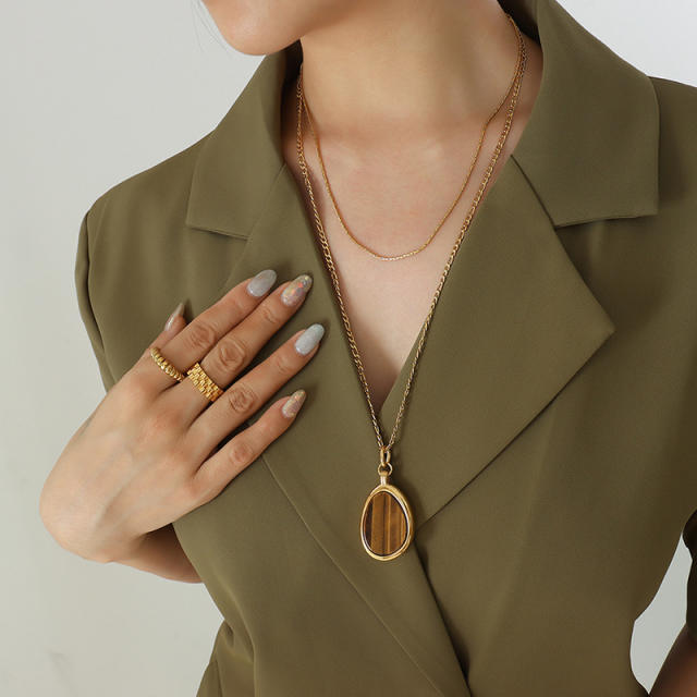 Natural Tiger Eye Stone Double-Layer Necklace stainless steel necklace