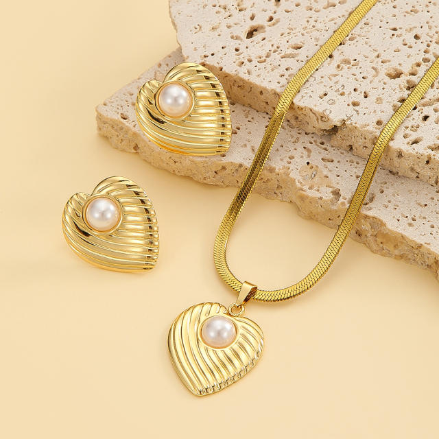 Boho pearl inlaid stainless steel necklace earrings set
