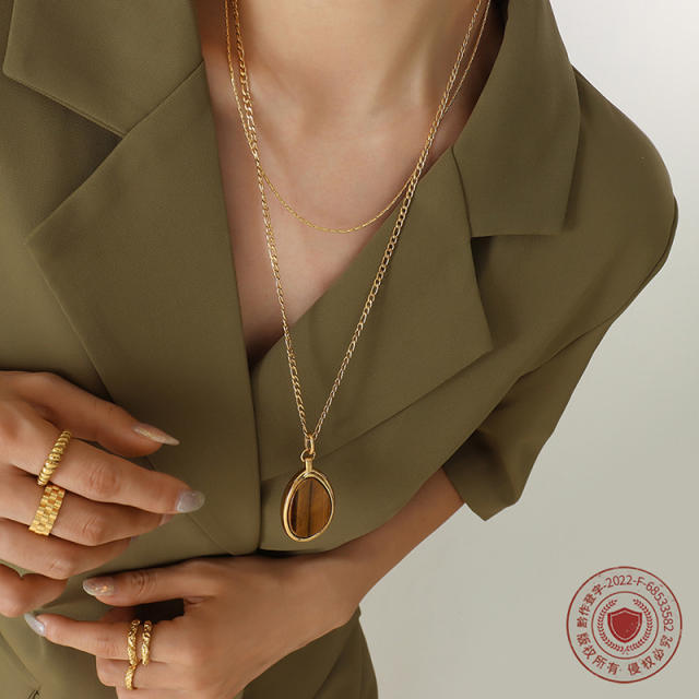Natural Tiger Eye Stone Double-Layer Necklace stainless steel necklace
