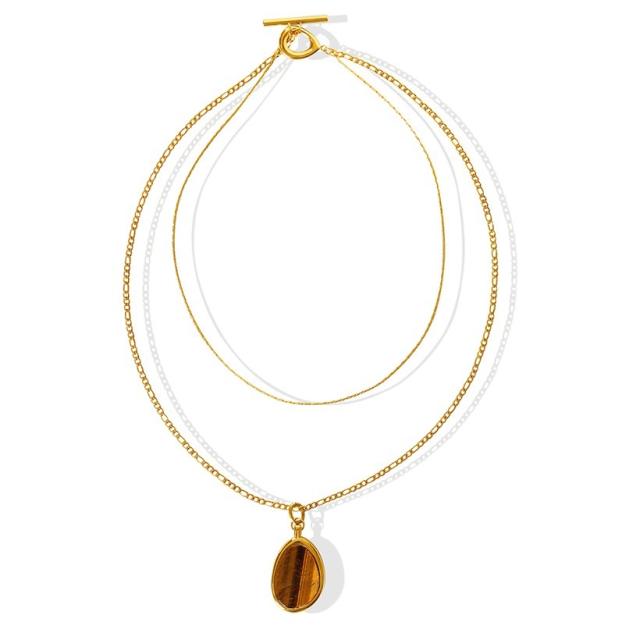 Natural Tiger Eye Stone Double-Layer Necklace stainless steel necklace