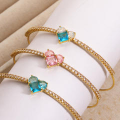 Colorful cubic zircon heart full diamond women copper bangle bracelet