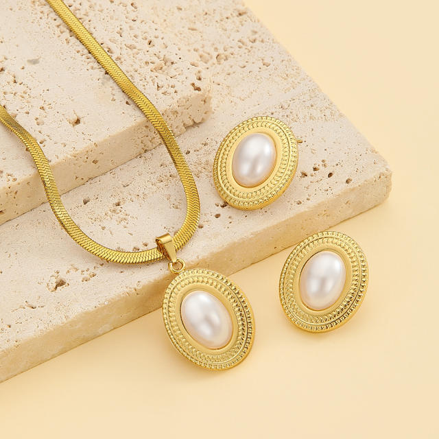 Boho pearl inlaid stainless steel necklace earrings set