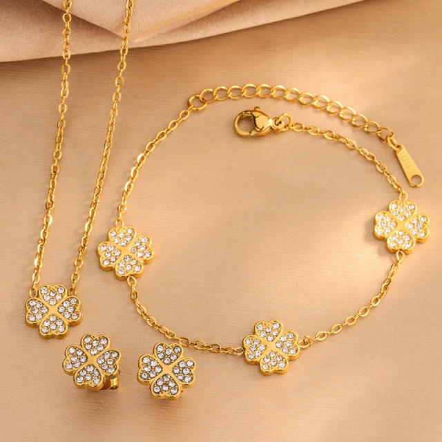 Popular Diamond-Encrusted Four-Leaf Clover Bracelet Necklace stainless steel necklace set