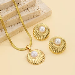 Boho pearl inlaid stainless steel necklace earrings set