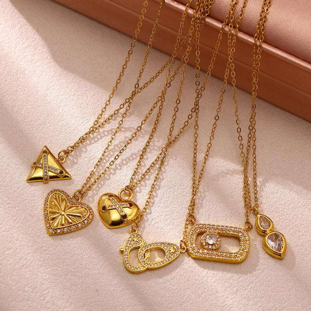18KG diamond heart triangle multi pendant gold plated copper necklace dainty necklace