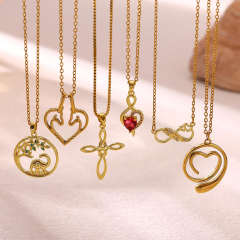 Elegant infinity cross ruby heart pendant gold plated copper necklace