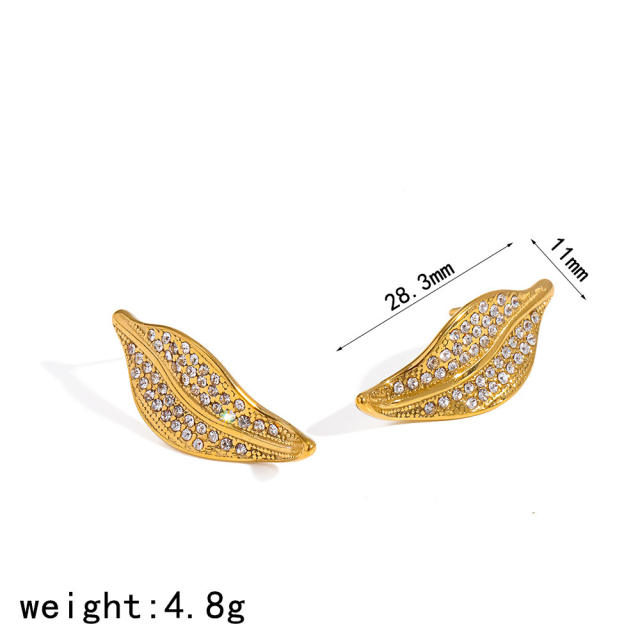18KG rhinstone inlaid leaf design stainless steel earrings