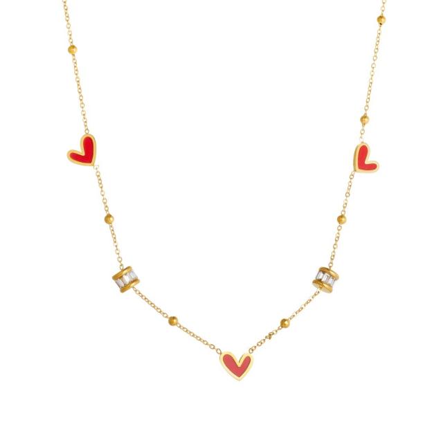 Enamel black red heart diamond stainless steel necklace dainty necklace