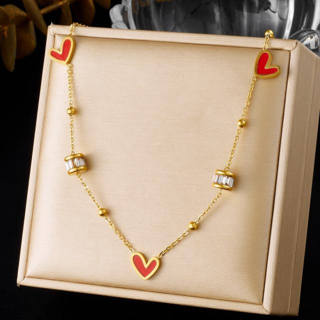 Enamel black red heart diamond stainless steel necklace dainty necklace