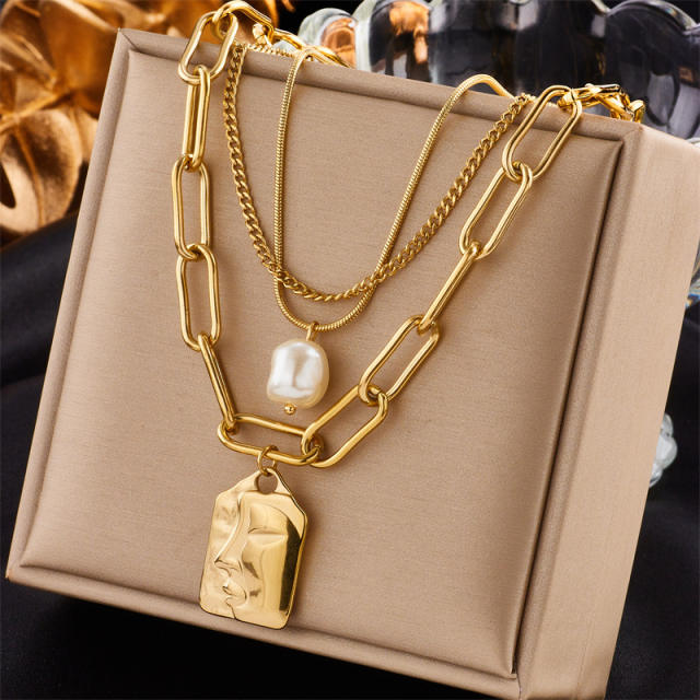 Fashion Gold-Plated three layer Stacked Multi-Element Pendant necklace stainless steel necklace