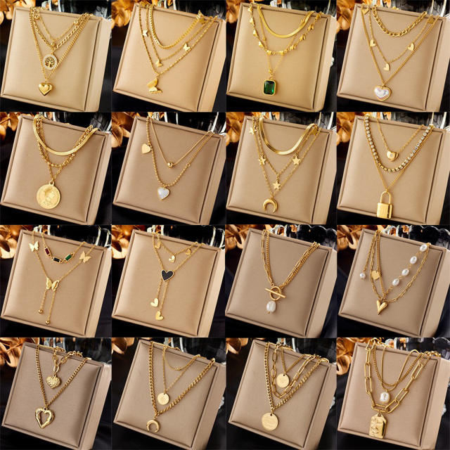 Fashion Gold-Plated three layer Stacked Multi-Element Pendant necklace stainless steel necklace