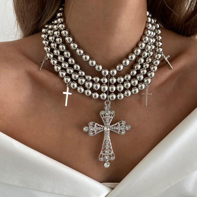 Cyberpunk Style Diamond Cross Necklace Exaggerated Ins Multi-Layer CCB Ball Bead Necklace