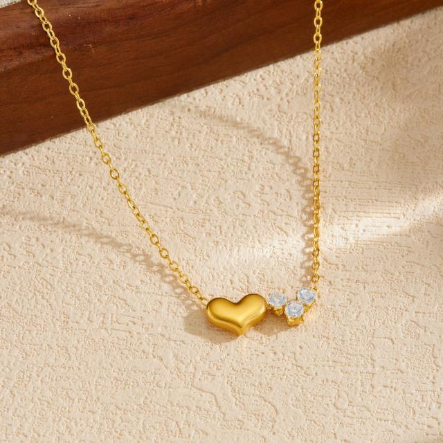 Dainty smooth heart diamond pendant stainless steel necklace