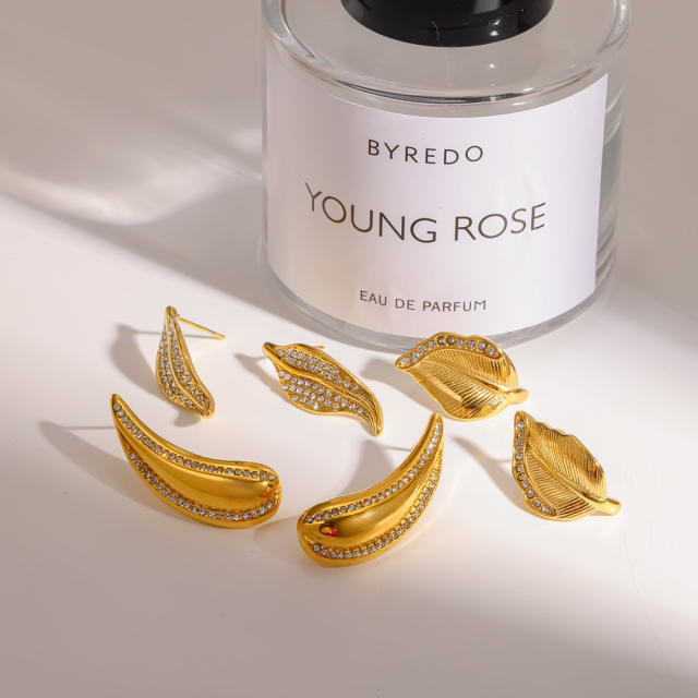 18KG rhinstone inlaid leaf design stainless steel earrings