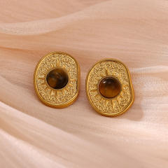 18KG tiger eye stone inlaid geometric stainless steel earrings