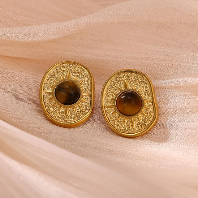 18KG tiger eye stone inlaid geometric stainless steel earrings