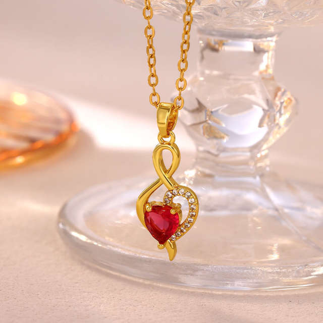 Elegant infinity cross ruby heart pendant gold plated copper necklace