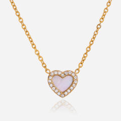 Elegant Vacation Style White Rhinestone Shell Heart Pendant stainless steel necklace